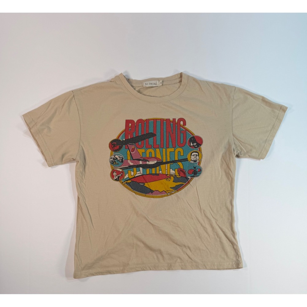 For Love Bell Rolling Stones Graphic T-Shirt Tan Beige Short Sleeve Medium
